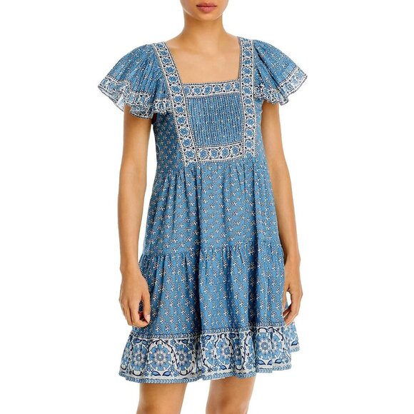 New Sea NY Fernanda 100% Cotton Tile Print Mini Dress Blue S $350 - Picture 1 of 8